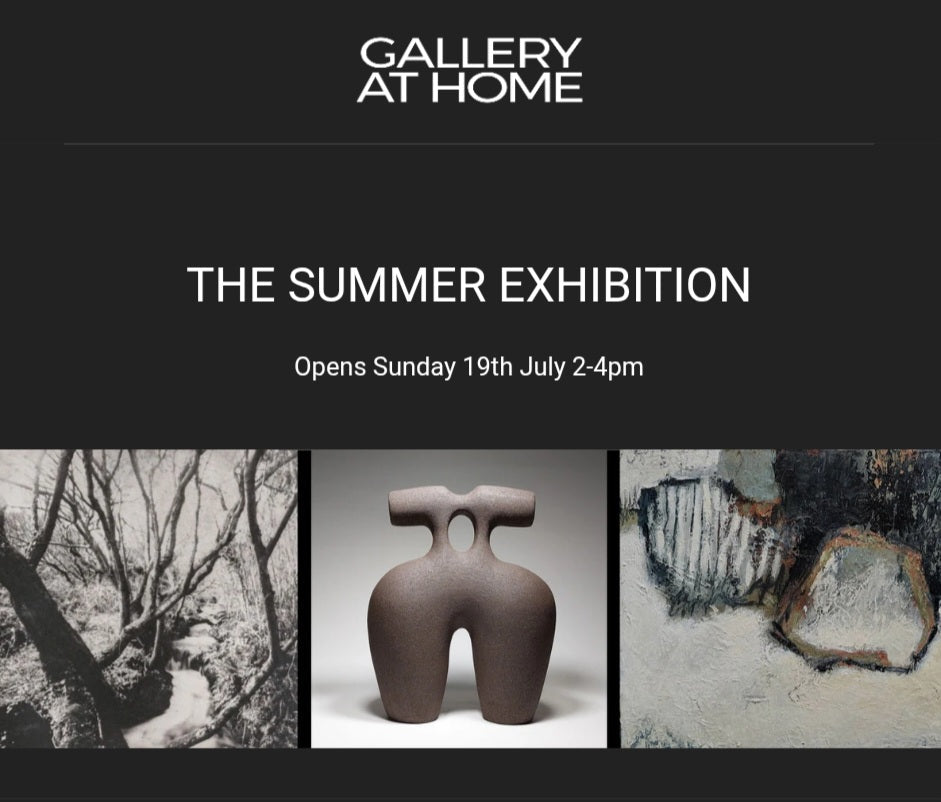 Promotional image for the Gallery at Home Summer Exhibition 2026, featuring a hand-built ceramic sculpture by Rachel Peters alongside photography and painting by other exhibiting artists.