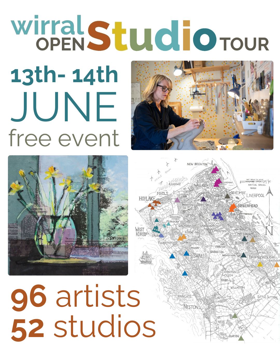 Promotional graphic for the Wirral Open Studio Tour 2026, featuring Rachel Peters working in her studio alongside a map of the Wirral and artwork by participating artists.