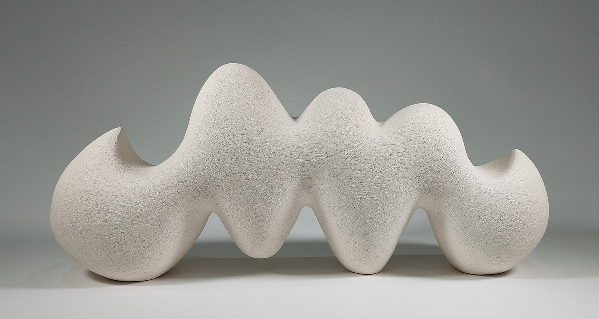 Pulse ceramic sculpture, hand-built white stoneware, rhythmic wave-like form, horizontal composition.