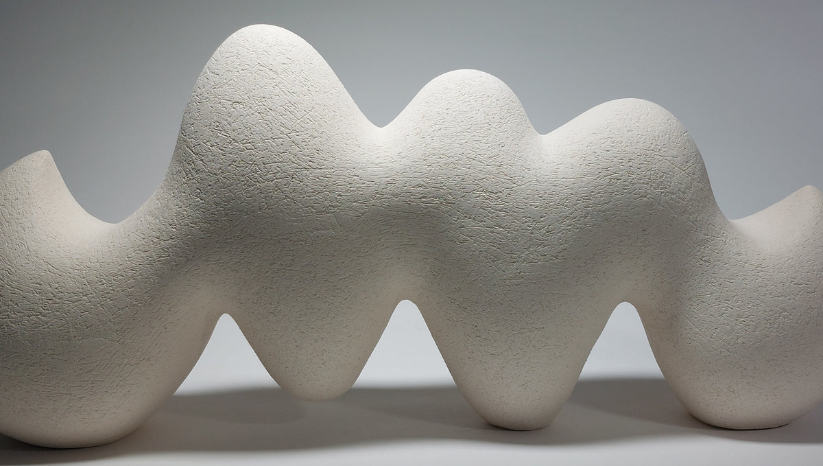 Pulse ceramic sculpture, hand-built white stoneware, rhythmic wave-like form, horizontal composition.